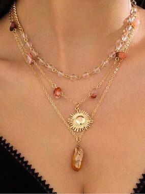 Boho Sunburst Crystal Layered Necklace